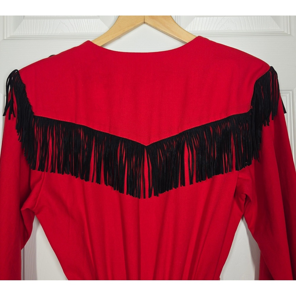 VTG Western Collection Red Rodeo Dress Fringe Concho Wolf M USA Circle Skirt - Picture 9 of 14